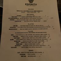 Menu  at Espíritu in New Orleans