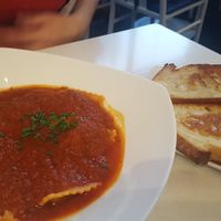 Vegan ravioli and garlic bread at Ananda Fuara in San Francisco