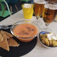 Starters of the day, gaspacho and batata brava. at La JunGla in Valencia