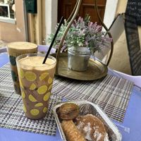 Frappes with coconut sugar and non dairy milk  at Rose's Bakery in Corfu