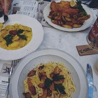 Main course: Carbonara, Gnocchi with saffron, and the Milanese cotoletta.  at Spritz in Antwerpen