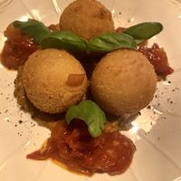 Daily special, mozzarelline fritte: mozzarella balls with aubergine and tomato dip  at Spritz in Antwerpen