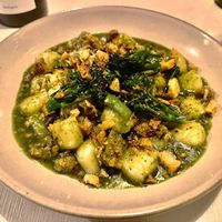 Gnocchi, cavolo nero & roasted garlic pesto, sausage, fennel seeds, chili, lemon breadcrumbs, broccolini, parmesan....very tasty! at Spritz in Antwerpen