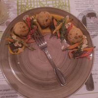 Crispy quinoa & summer peas Croquettes almost $40 was dry + very underwhelming at Flora Farms in San Jose Del Cabo