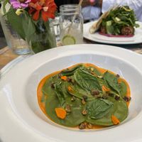 Vegan ravioli with eggplantt  at Flora Farms in San Jose Del Cabo
