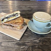 Mushroom melt with soy latte    at Love Madre in Cheltenham