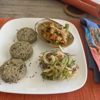Yucca (callaloo dumplings), veggie rundown, salad with the prices they charged here, this is a very expensive meal  🧐  at Living Food and Juices in Kingston