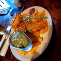 Vish and chips, mushy peas and curry dip at The Pullman in Folkestone