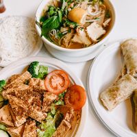 Pho, mushu rolls, lemongrass tofu at Golden Era Vegan Restaurant in San Francisco