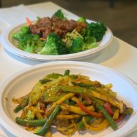 Lemongrass chick’n and king oyster mushroom stir fry at Golden Era Vegan Restaurant in San Francisco