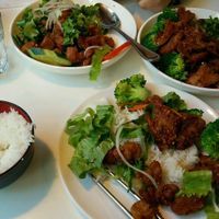 Two of the specials, the Lemongrass deluxe and something else at Golden Era Vegan Restaurant in San Francisco