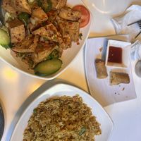 Jalapeño tofu, Indian rice, and crispy roll  at Golden Era Vegan Restaurant in San Francisco