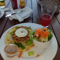 Mushroom & bean burger and salad at The Green Parrot in Nassau