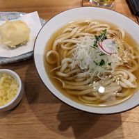Vegan udon in hot soup broth (with tempura egg on the side) at Taiko Udon in Hiroshima