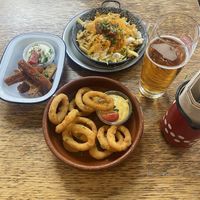 notChicken with mayo, onion rings with “cheese” sauce and dirty style fries  at Szabad Bisztro in Budapest