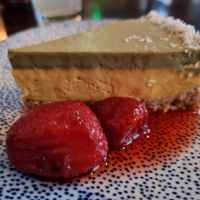 Pistachio-mango cheese cake with strawberries at Szabad Bisztro in Budapest