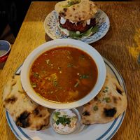 Bean goulash soup (large) with flatbread and beetroot burger in flatbread at Szabad Bisztro in Budapest