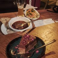 Goulash soup, Cashew pasta and raw cake at Szabad Bisztro in Budapest
