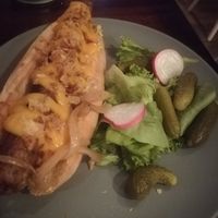 Hot dog with pickles at Szabad Bisztro in Budapest