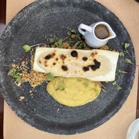 “Pupunha” with vegan creamy sauce and “mandioquinha” pure    at Banana Verde in Sao Paulo