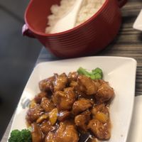 Vegetarian orange chicken and steamed rice  at Rui's Shanghai Bistro in Redlands