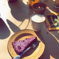 Raw berry cake and oat cappuccino at Lui Huiskamercafé in Groningen
