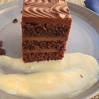 Holy chocolate cake with a vanilla sauce at Greens Restaurant in San Francisco