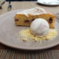 Pomegranate Tea Cake with vegan ice cream at Greens Restaurant in San Francisco