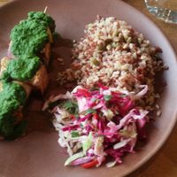 A very fancy vegetable an tofu skewer, rice and cabbage. at Greens Restaurant in San Francisco