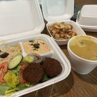 Vegetarian platter, Greek potatoes and lentil soup  at Olive Mediterranean Grill in Dayton