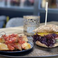 Vegan burger with patata bravas  at Volt in Geel