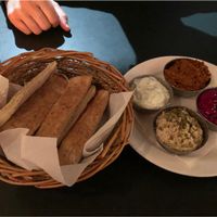 Great option for starters - variety of dips with pita bread at Kate's Joint in Copenhagen