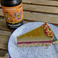 Pistache raspberry cake at Plantmilkyway in Budapest