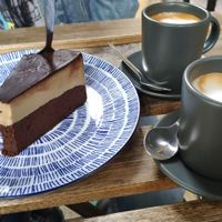 Macchiatos and tiramisù brownie cake at Plantmilkyway in Budapest