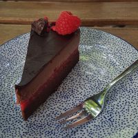 Chocolate raspberry cake at Plantmilkyway in Budapest