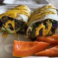 Burrito - full of healthy delicious veggies and black/wild rice. It’s bigger than it looks here, comes with soup, and will easily fill a hungry guy!   at Barefoot Zone in Captain Cook