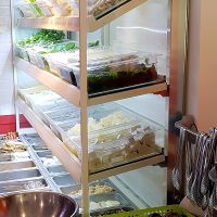 Buffet for selecting ingredients, next to pickled radish (free side dish) and dipping sauces at Sonogong Maratang 손오공 마라탕 - Hongdae in Seoul