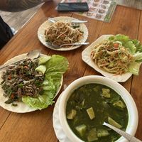 Laap / phad thai / papaya salad / veggie curry with mock fish  at Kapphet Vegan in Vang Vieng