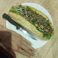 Larb sandwich (hand for scale) at Kapphet Vegan in Vang Vieng