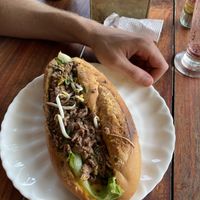 Larb sandwich with v meaty-esque soy protein   at Kapphet Vegan in Vang Vieng
