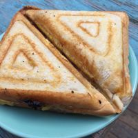 Vegan sausage, saurkraut and hash brown jaffle at For Change Cafe - Melbourne Uni. in Parkville