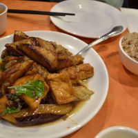 The super delicious eggplant basil dish, with brown rice at Enjoy Vegetarian Restaurant - Sunset District in San Francisco