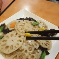 Lotus root, fungus and ginkgo nut side (ginkgo nut in the chopsticks) at Enjoy Vegetarian Restaurant - Sunset District in San Francisco