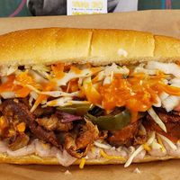 Vegan BBQ Pulled Tofu called the Townes Van Zandtwich!! The texture is unreal, and so tasty! at Screamin' Jay's in Eugene