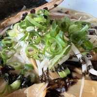 Vegan Classic Ramen with Edamame in the background, photo bombing  at Taro's Ramen in Ascot