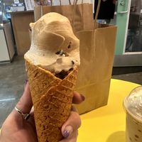 I got a large vegan cone. Cookie butter latte on top of sunbutter and pinnacle in the cone    at Loblolly Creamery in Little Rock