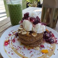Vegan and gluten-free buckwheat/banana pancakes at Gratitude in Tauranga