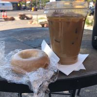 Vanilla vegan donut and quad iced latte with oat  at Moab Coffee Roasters in Moab