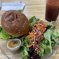 Angie burger with side garden salad (comes with “baco-bits”), and a veggie juice (beets, cucumber, kale, carrot, ginger, lemon, green apple, celery) at The Whole Wheatery in Lancaster