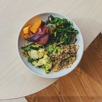 Mediterranean salad bowl with chilli zhug dressing  at Colours Bowls in Prahran